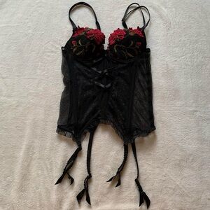 Lise Charmel Black Mesh Red Rose Embroidered Lingerie Bustier Corset Size 32C